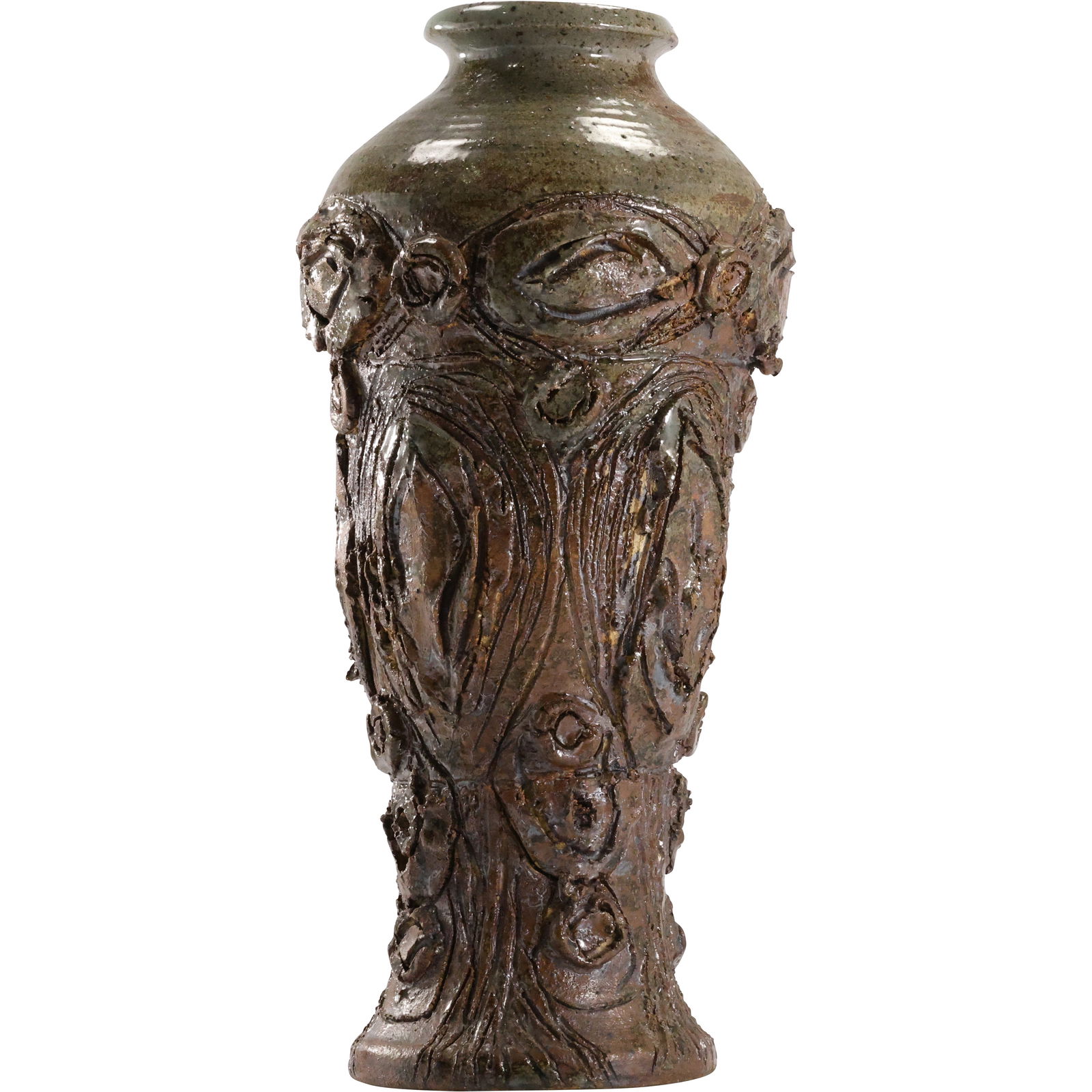 Brutalist Art Pottery Brown Vase Signed and Dated Margo 1969, 12 inches height x 5 in. wide (1 of 20)