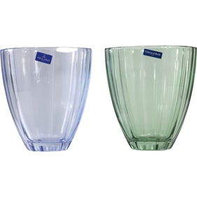 2 Villeroy & Boch Blue Crystal Glass Vase and Green Crystal Glass Vase, Original Labels 8 in. x 7 in