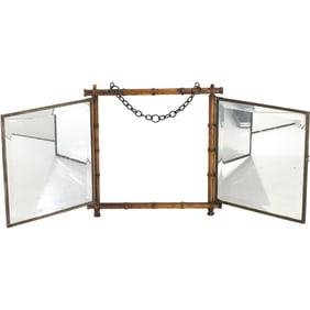 Antique Circa 1900 Bamboo Wood Frame 3-Part Folding Dresser Top Mirror
