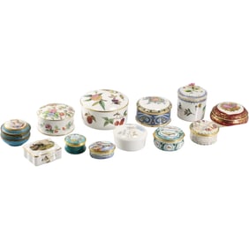 Estate Collection of 12 Assorted Porcelain Dresser Boxes including Tiffany, Limoges, Wedgwood.