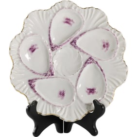 Antique 19th C. Oyster Plate 8.25 in diameter White with Lavendar Accents