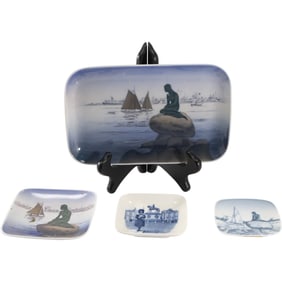 4 Assorted Royal Copenhagen Porcelain Tray and Dishes, "Langeline" Nude Mermaid on Rock