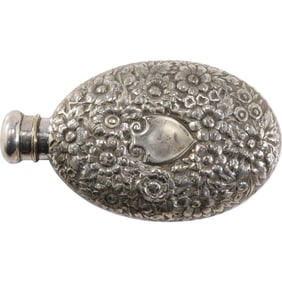 Circa 1900 Very Ornate Sterling Silver 143.9 grams Flask Hand Tooled Flowers on Both Sides