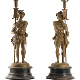 Pair 19th C. Cast Metal Spelter French Calvalier Figures Table Lamps