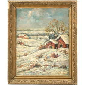 William Lester Stevens (1888 - 1969) American; Oil on Board Painting HOMESTEAD IN WINTER