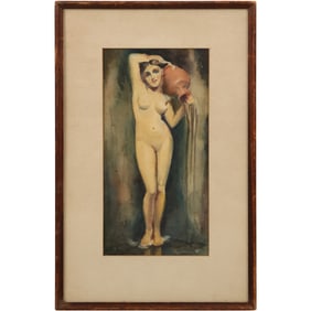 1920s-30s Watercolor Painting Standing Nude Female with Water Vessel, Framed