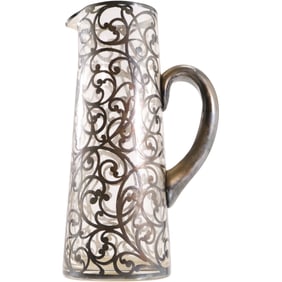 Antique Sterling Silver Overlay Crystal Glass Tankard / Pitcher 10 in. height x 5.75 in. wide