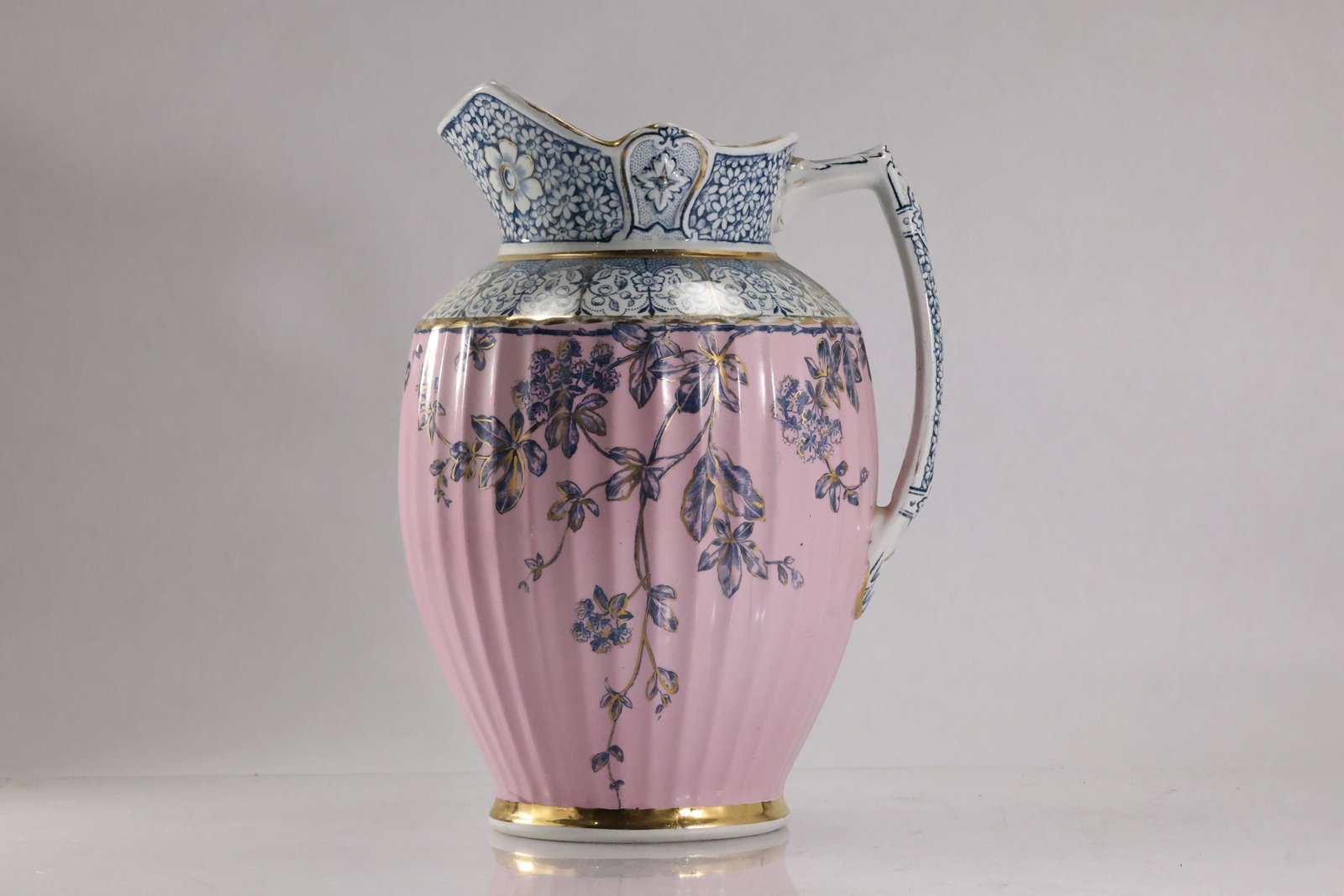 19th C. DB&C Argosy Pink and Blue Ironstone Water Pitcher 12 in. height x 9 in. wide: 19th C. DB&C Argosy Pink and Blue Ironstone Water Pitcher 12 in. height x 9 in. wide. size: 12 h 9 w