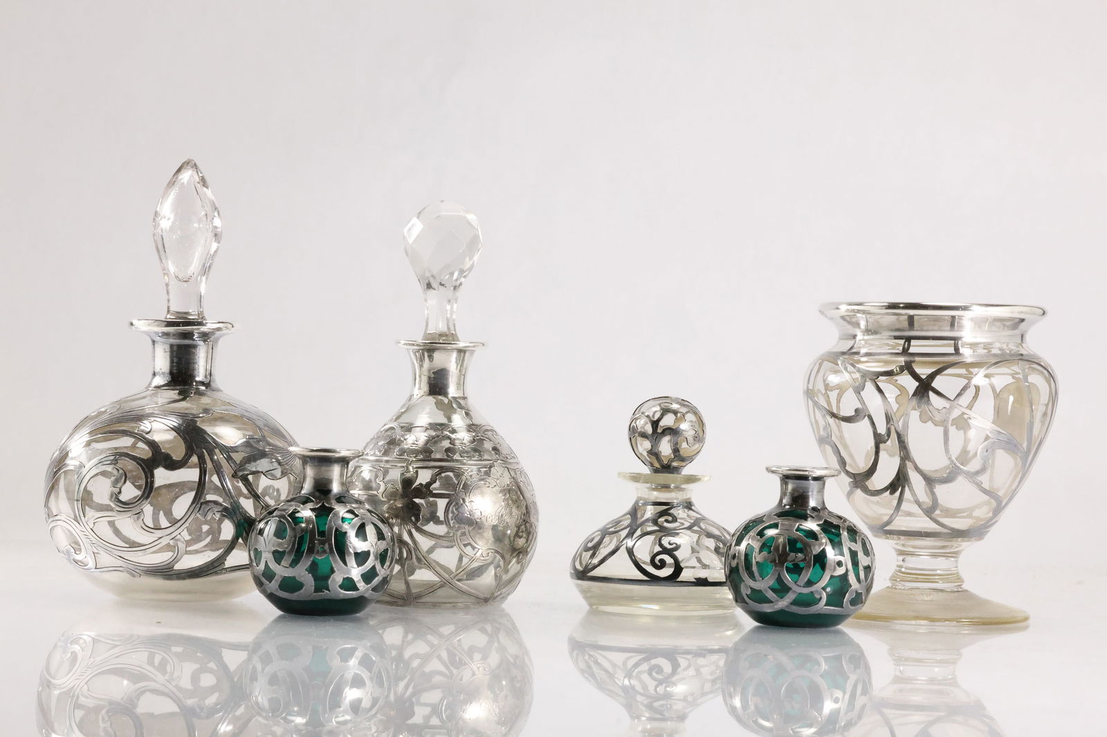 Estate Collection of 6 Assorted Silver Overlay Crystal Glass Perfume Bottles and Silver Overlay Jar (1 of 15)