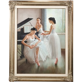 Signed L Stoyan, Large Oil on Canvas Painting 3 Ballerina Gilrs Next to a Piano, Framed