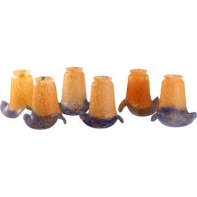 Set 6 Signed VIANNE French Art Glass Lamp Shades Orange to Blue Ruffled Rim 2.25 in. fitter