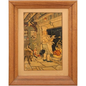 Circa 1930 "Scène de Cuisine" by Harry Eliott, Vintage Framed Lithograph