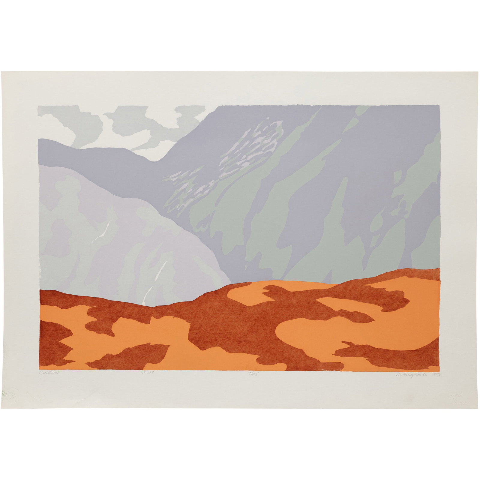 Robert Angeloch 1922-2011, Color Woodcut, "CUILLIN", 1982, S-85, #9/25: Robert Angeloch 1922-2011, Color Woodcut, "CUILLIN", 1982, S-85, #9/25. Provenance: acquired directly from Artist's Estate Woodstock New York. Well Listed American Artist. size: 16 x 23 , outside of p