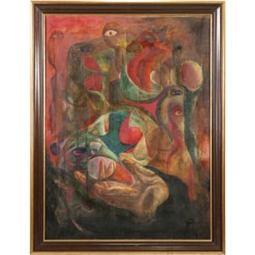 1930s Surrealism Oil on Canvas Painting, Hand, One-Eyed Figures - Sci-Fi, Framed