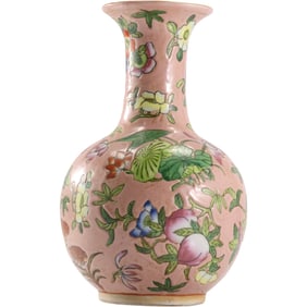 Pink Chinese Porcelain Vase with Flowers, Signed on Base 9 in. height x 5 in. wide
