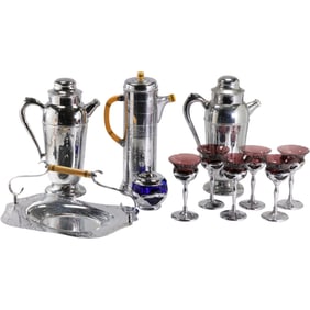 11 Pieces Farber Bros, ART DECO CHROME Cocktail Shakers, Chrome Stemware, Tray
