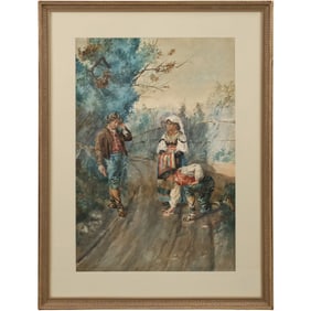 Enrico Nardi, Roma, 1881, Watercolor Painting, Peasants Pausing on a Country Lane , Framed