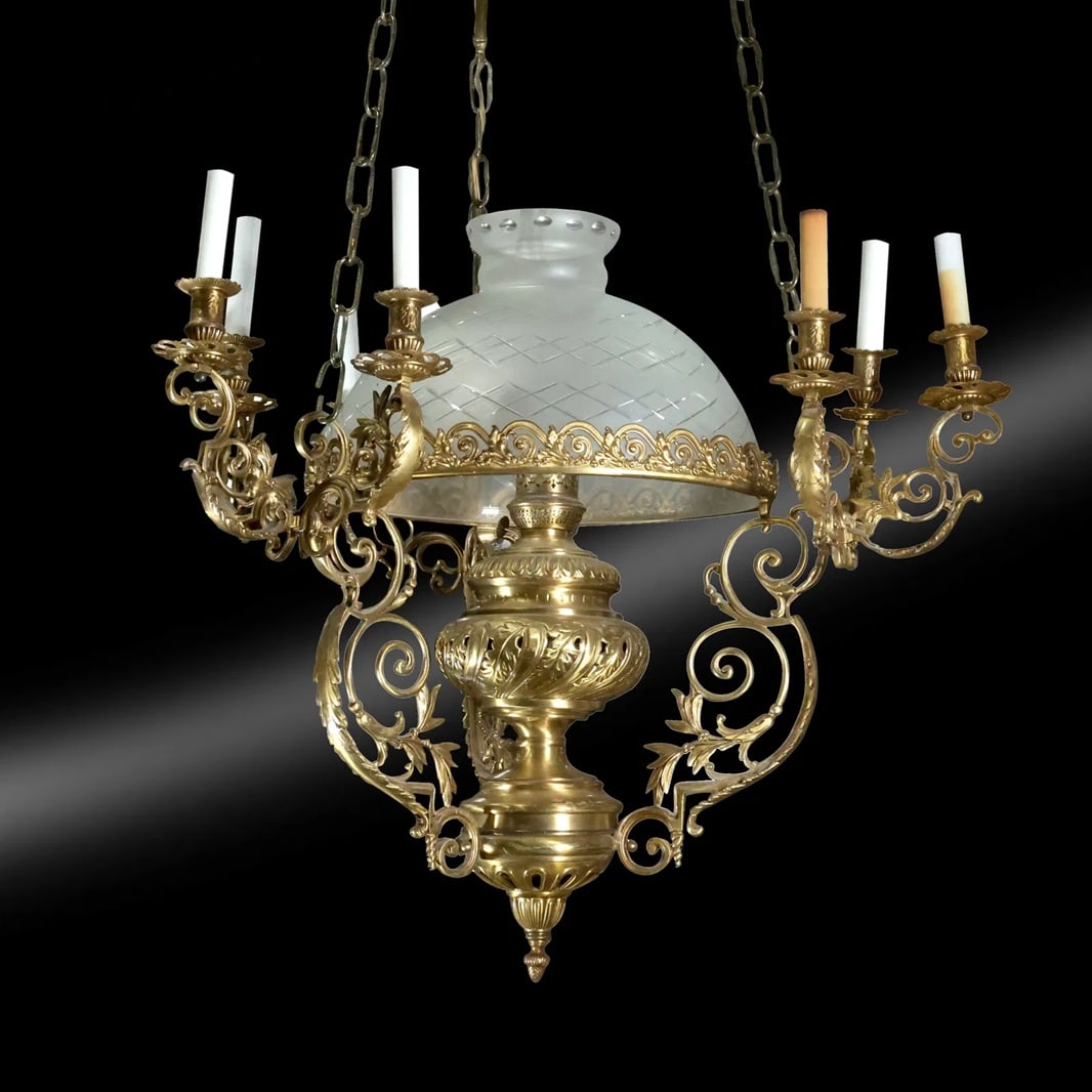 Vintage Quality Cast Brass 9-Light Handing Chandelier with Center Glass Shade 26.5 diameter.  size: (1 of 16)