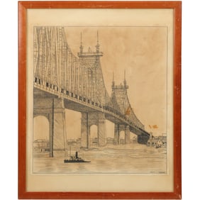 Michael J Carbonara, June 1960, Ink Drawing Tug Boat Going Under the Brooklyn Bridge, NYC