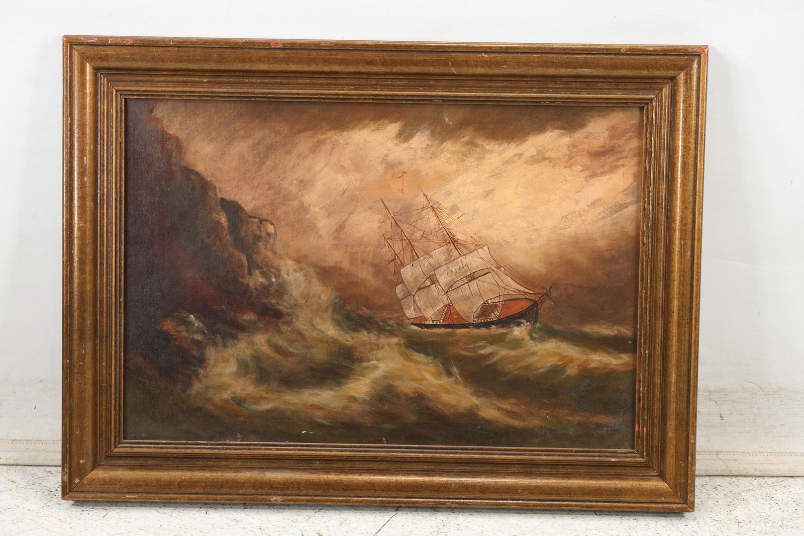 19th C. Oil on Canvas Painting Nautical Scene of a Sail Ship on Rough Seas, Framed (1 of 13)