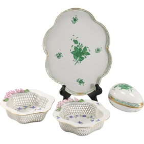 4 Assorted HEREND HUNGARY 2 Reticulated Bowls, Egg Dresser Jar and Dresser Tray