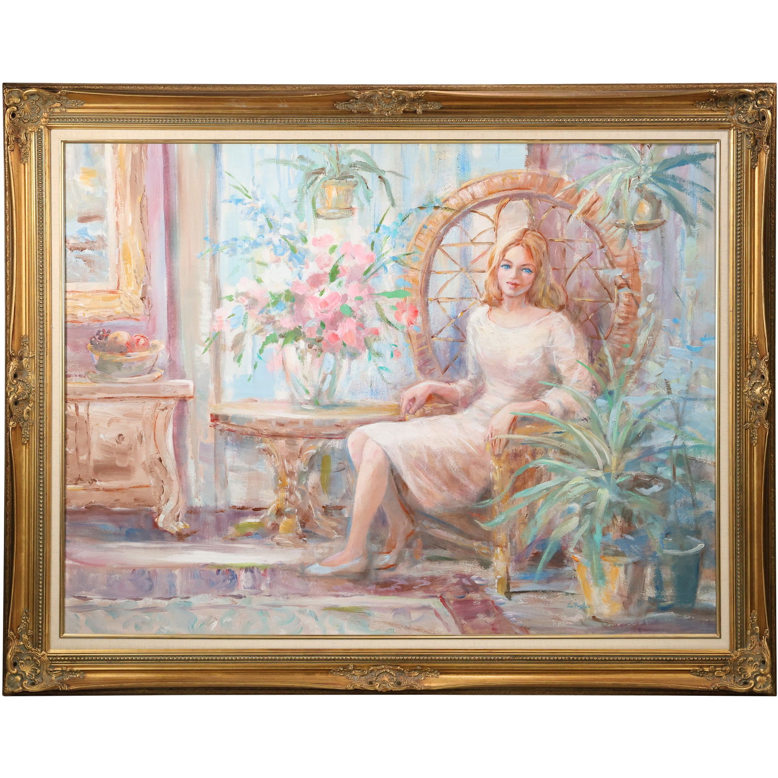 Leo Braslau, Large 20th C. Oil on Canvas Painting, Woman Sitting in a Rattan Chair, Framed: Leo Braslau, Large 20th C. Oil on Canvas Painting, Woman Sitting in a Rattan Chair, Framed. size: 36 x 48 , outside of frame: 44 x 56