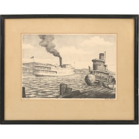 Fermin Rocker [1907-2004 American] Etching, Hudson River Steamer Newport News with a Tugboat