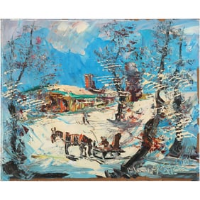 Morris Katz 1985, Jewish American, Acrylic Painting, Sleigh Ride in the Catskills Winter Landscape