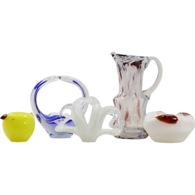 5 Assorted Art Glass Pieces Including Vases, Basket , Pitcher in Various Colors and Sizes