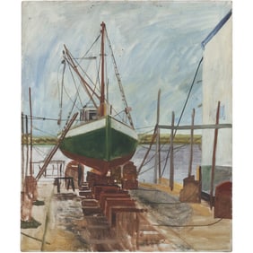Vintage Oil on Canvas Painting New England Fishing Boat on Dry Dock