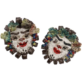 Pair of Whimsical Ceramic Clown Faces Wall Plaques