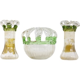 Vintage Hand Blown Art Glass Set – 2 Vases & Bowl with Green Ruffled Tops