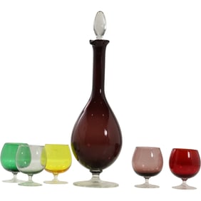 Amethyst Glass Liquor Decanter with 5 Multi Color Sherry Glasses - Barware