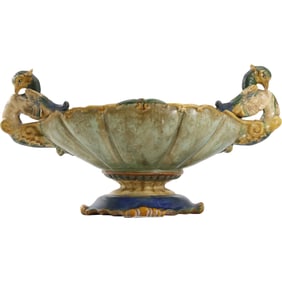 20th C. ITALIAN MAJOLICA CENTERPIECE OBLONG BOWL with Winged Bird Handles