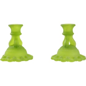 Pair Vintage Westmoreland Doric Green Mist Satin Finish Lace Base Candle Stick Holders