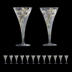 12 Crystal Fluted Glasses – Hand Painted Leaves & Vines, Champagne or Cocktail