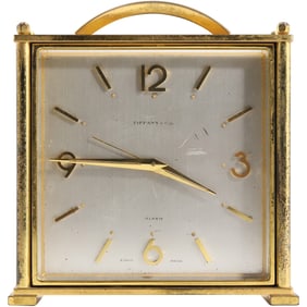 Tiffany & Co. Swiss 8-Days Alarm Clock square form polished and brushed brass