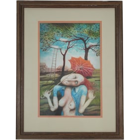 Pop Surrealist Nude Female in Whimsical Landscape, Signed and Dated 1986 - Colored Pencil on Paper