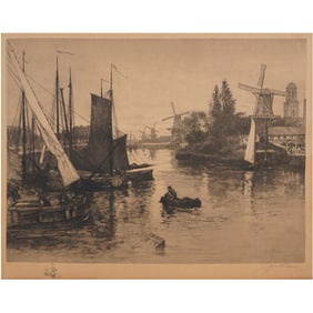 Original James Fagan (1864-1913) Signed Etching – Dutch Harbor Scene with Windmills