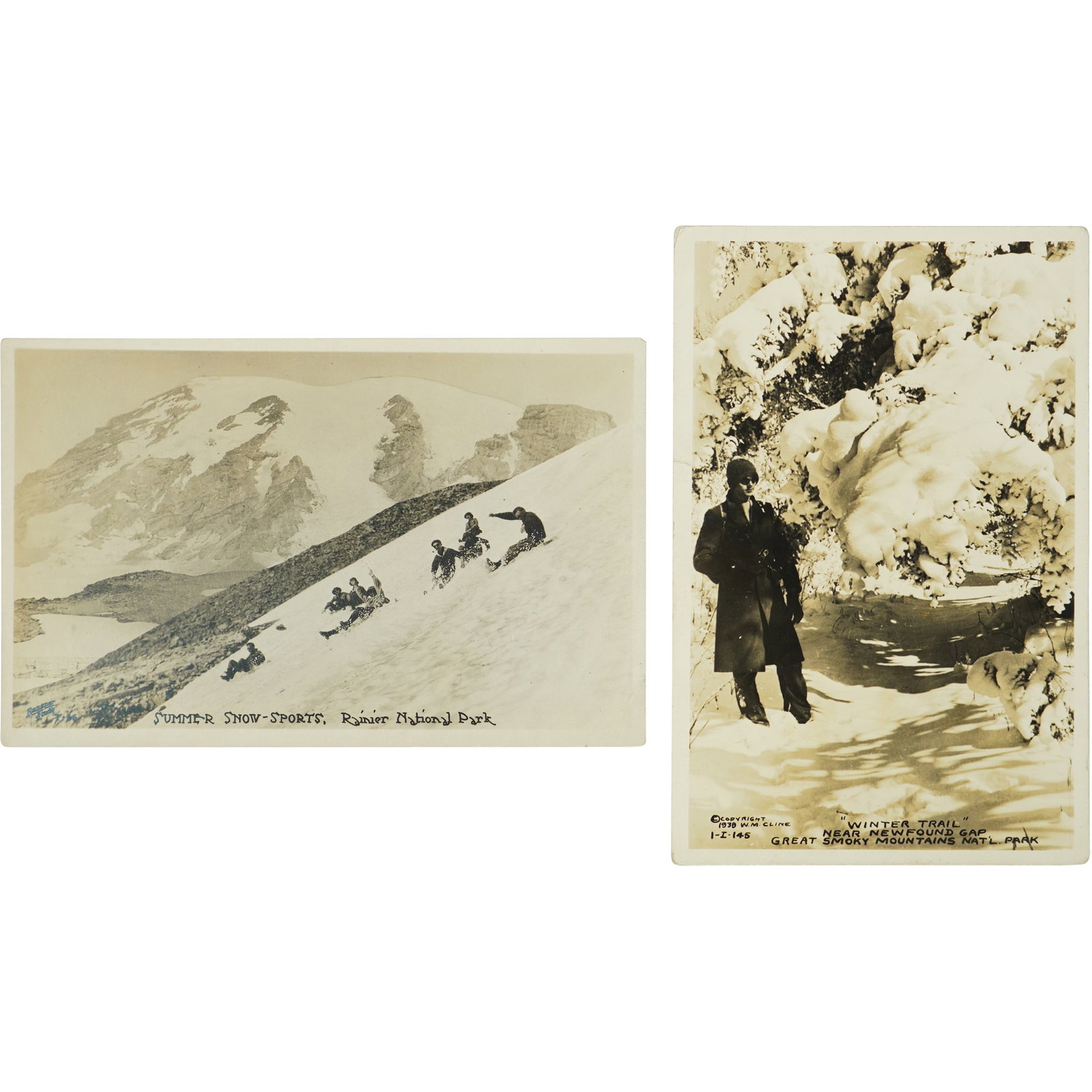 (2) RPPC Winter Scenes - Rainier & Great Smoky Mountains National Park - Real Photo Postcards: Set of two RPPCs highlighting seasonal views from national parks. The Mount Rainier card features a steep snowfield with sledders enjoying warm-weather snow sports, while the Great Smoky Mountains car
