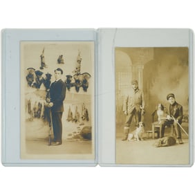 (2) Unposted RPPC Vintage Studio Hunting Photo Young Men with Guns Dogs + Pheasants