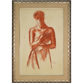 Vintage Female Figure Study - Framed Red Drawing on Paper - Signed