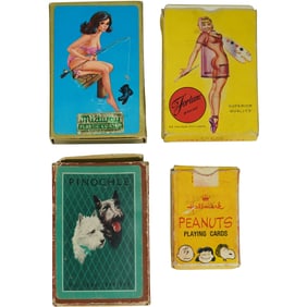 Lot of 4 Vintage Playing Card Decks – Pin-Up, Peanuts, Pinochle & Terrier Dogs