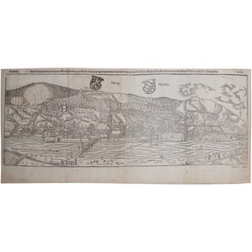 Rare c. 1598 Sebastian Münster Woodcut – Heidelberg Panorama View from 'Cosmographia'