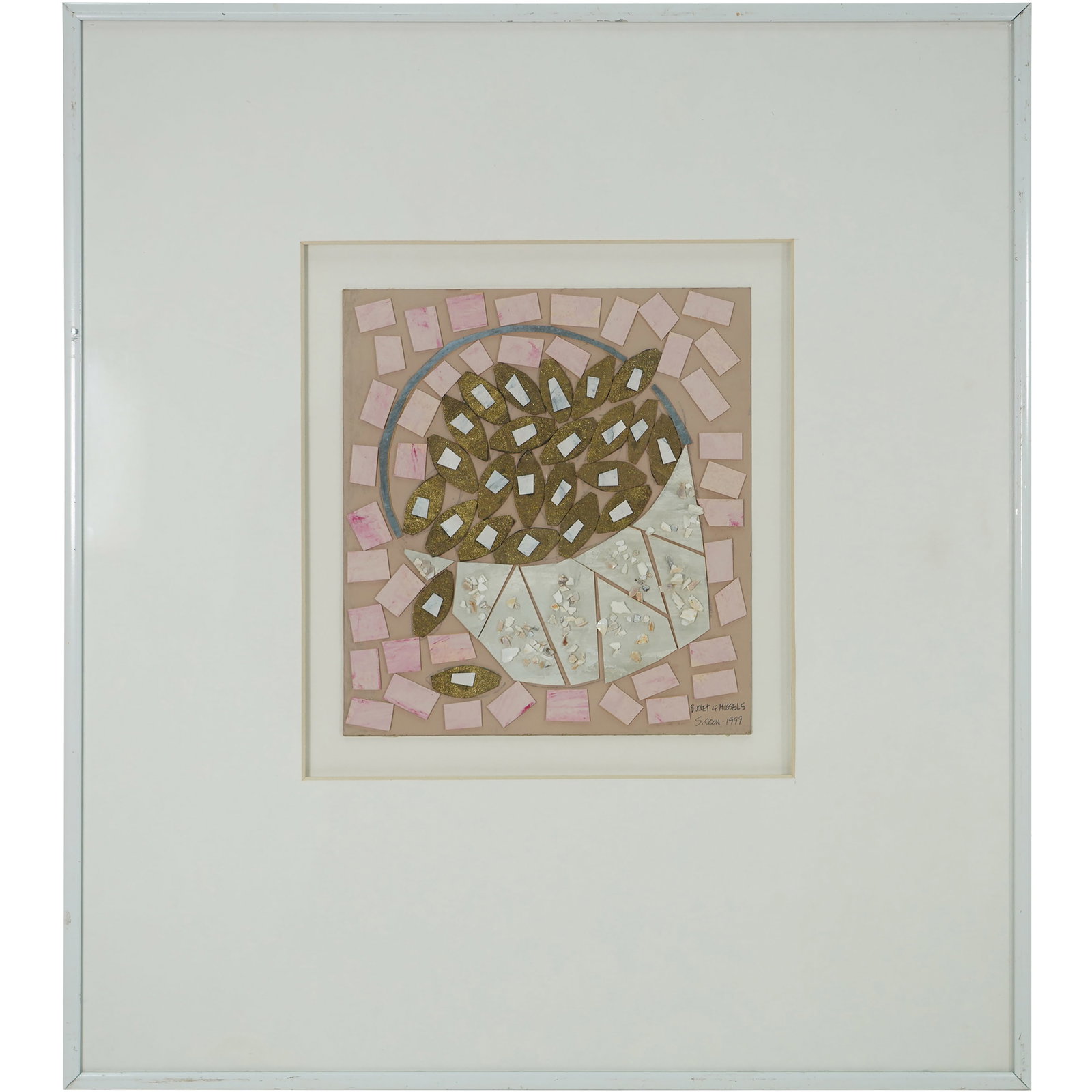 Suzie Coon Signed Mixed Media Collage "Bucket of Mussels" (1999): Original mixed media collage by Suzie Coon, titled Bucket of Mussels and signed in the lower right corner with the date 1999. This tactile composition features cut paper and layered materials arranged