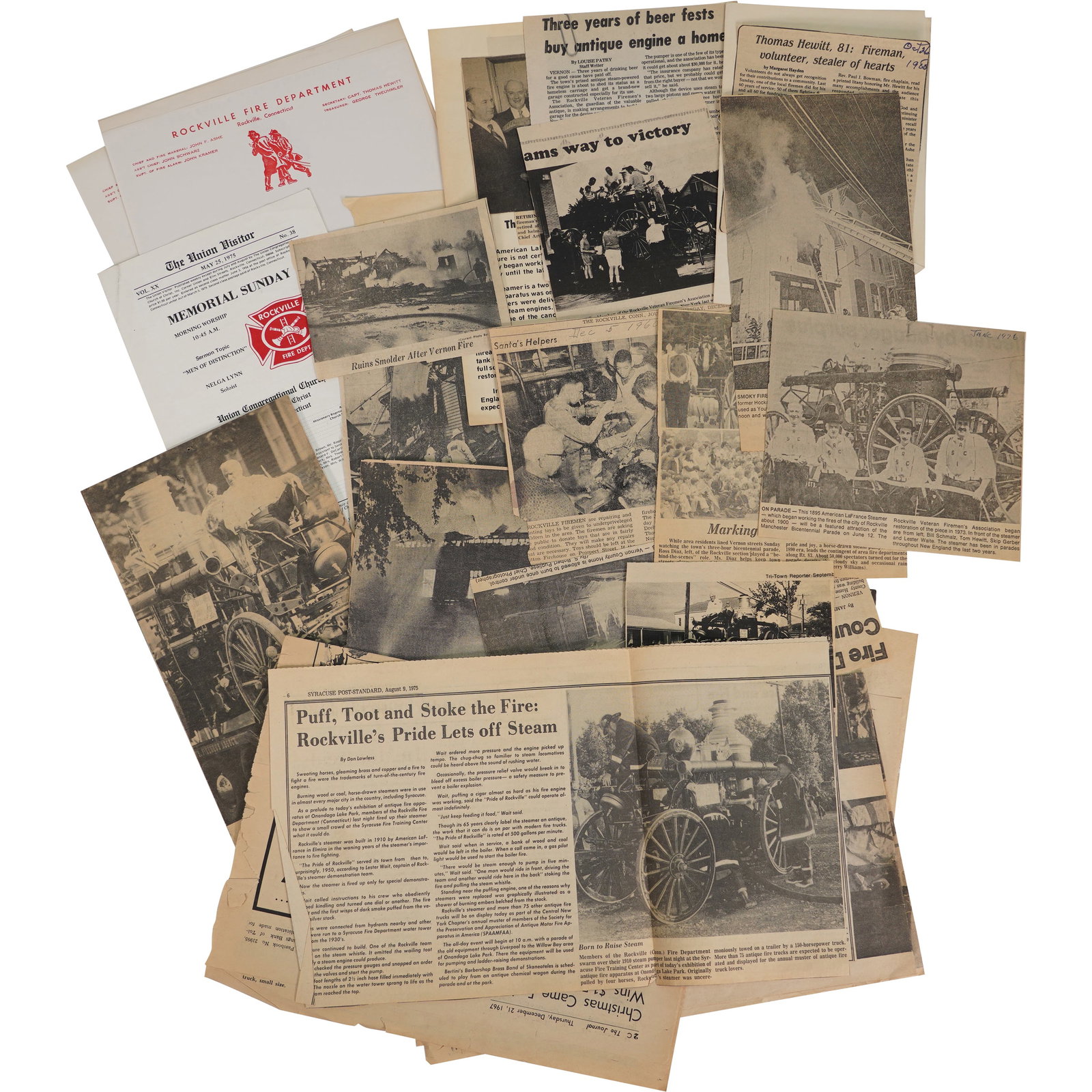 Historic Firefighter Ephemera – Rockville CT – Clippings, Photos, Letters (1 of 9)