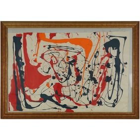 Framed Mid-Century Action Painting – Splatter Style Abstract on Canvas