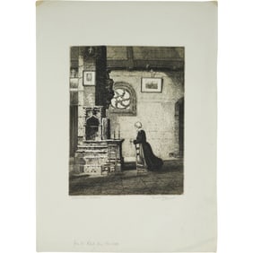 Reginald Green (1884–1971) - Elderly Woman in Chapel Interior - Pencil Signed Etching