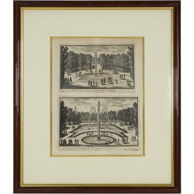 18th C. Pierre-Jean Mariette "Le Bassin a Chaintilly & La Fontain aux Le Bassins" Engraving, Framed