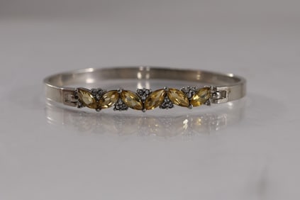 .925 Sterling Silver with Citrine Stones & 1 White Topaz Stone Bangle Bracelet 2 1/2 in. x 2 1/4 in.